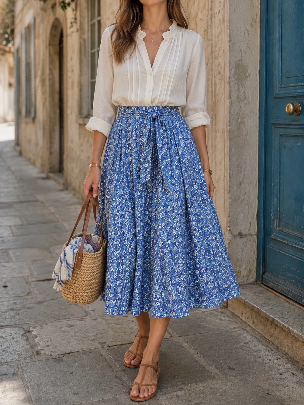 J CREW Liberty Fabric Ditsy Floral Midi Skirt 8 Cotton Cottage Coquette Blue
